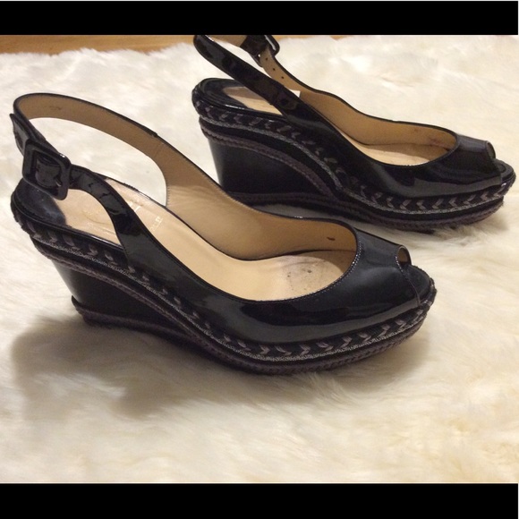 CHRISTIAN LOUBOUTIN Black Patent Wedge SHOES size 38 Silver trim - Picture 2 of 8